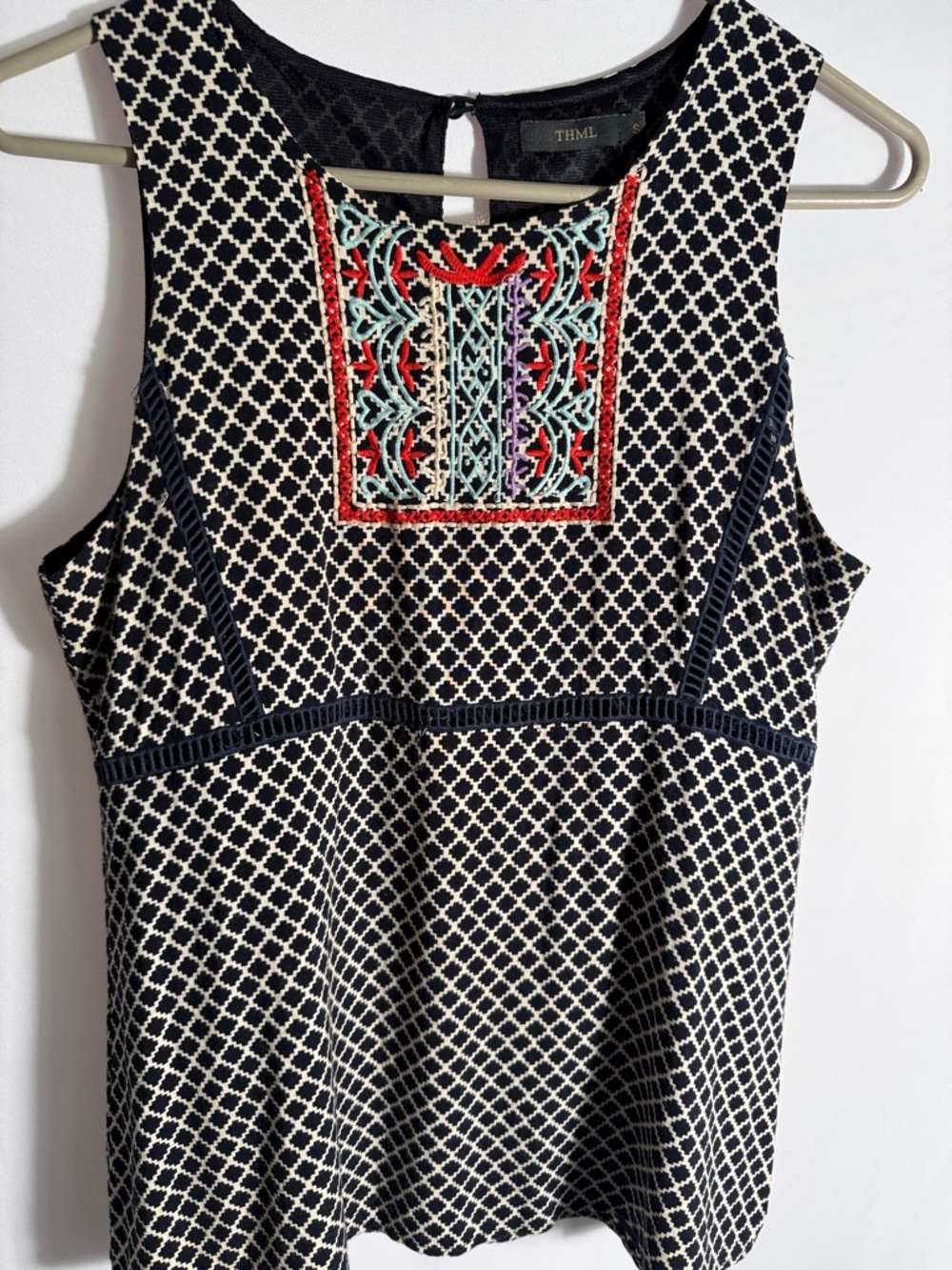 THML Black & White Lattice Sleeveless Top with Multicolor Embroidered Bib